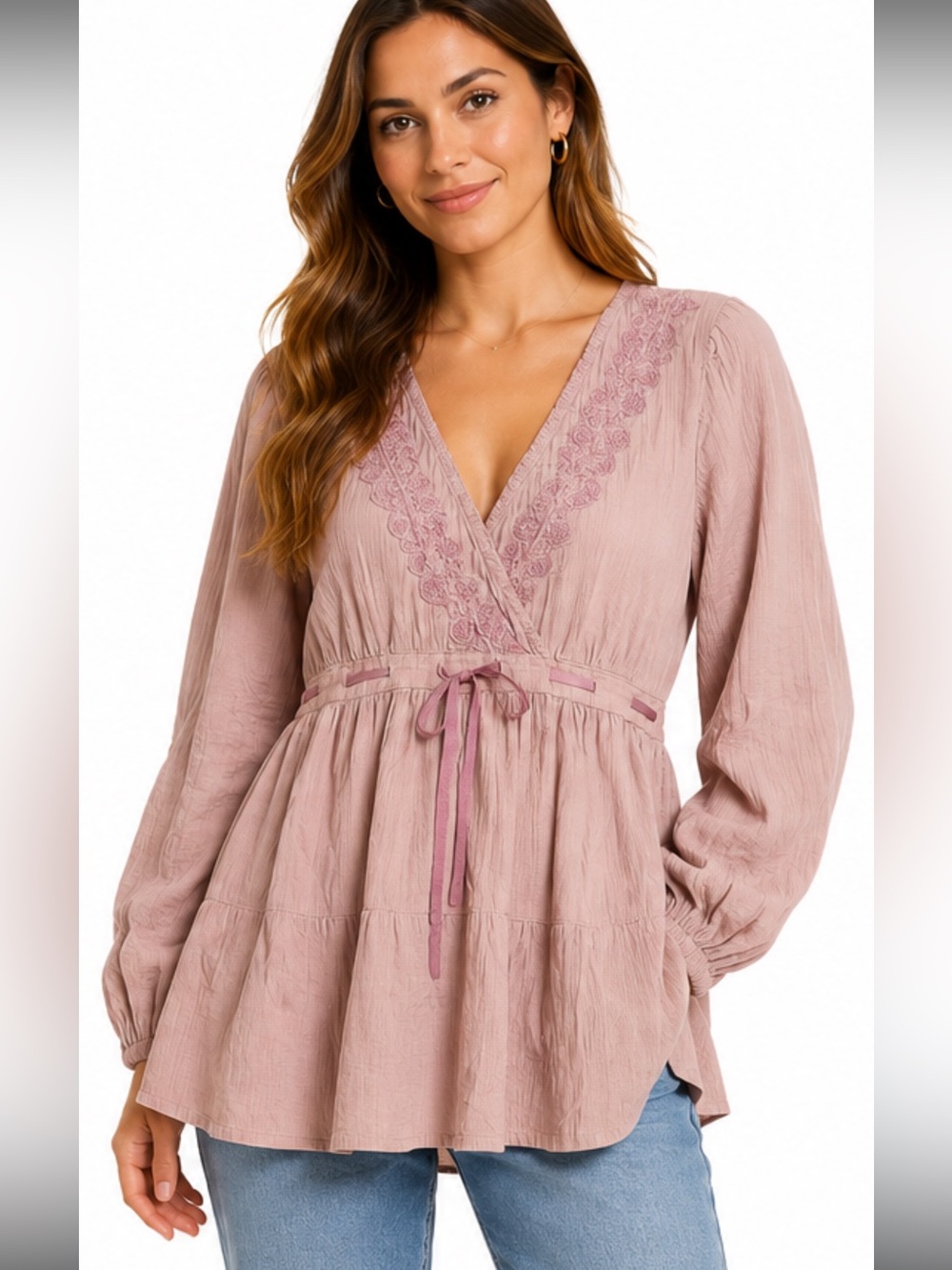 Lucky Brand Dusty Pink Embroidered Boho Peasant Blouse Top Large